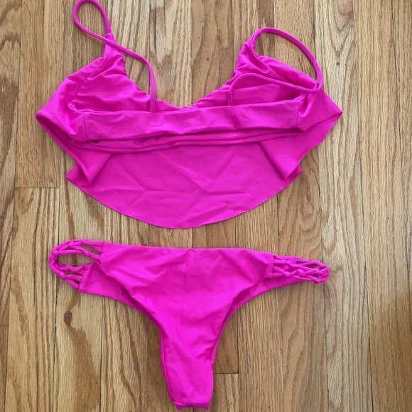 Anthropologie Citrine Swim L hot pink bikini, details, ruffled front Not worn - Picture 5 of 5